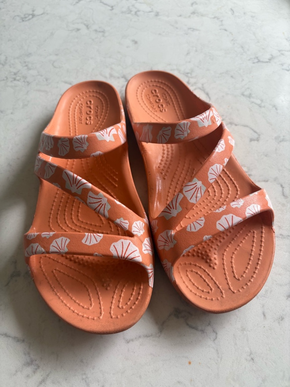 CROCS Coral Orange Shell-Print Multi-Strap Slides 8 - Picture 5 of 8